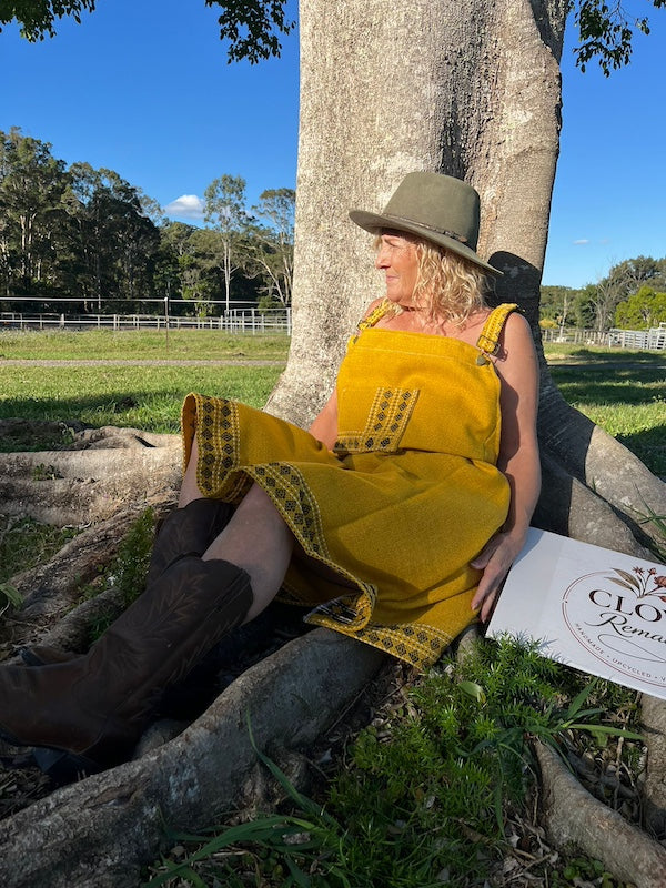 Vintage Upcycled Pinafore Dress Mustard with Tribal Braid
