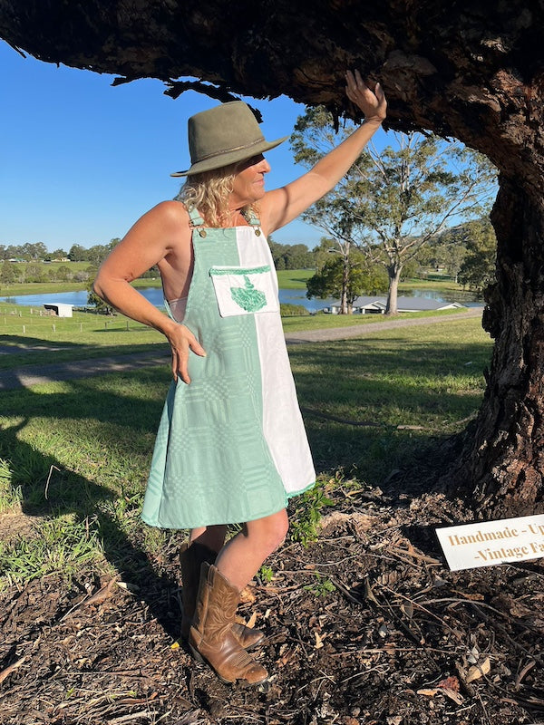 Pinafore Dress Upcycled Seafoam Green and White Vintage Linen by Clove Remade