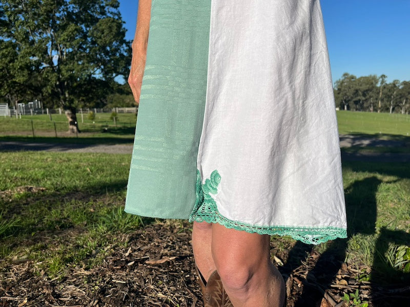 Pinafore Dress Seaform Green White Linen Green Crochet Hem Detail