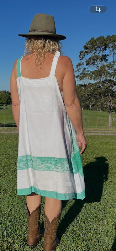 Pinafore Dress Upcycled Tablecloth Mint Green and White Linen Back View