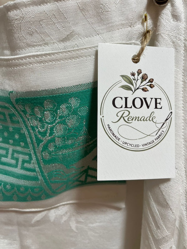 Pinafore Dress Upcycled Tablecloth Mint Green and White Linen Pocket Detail