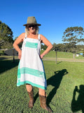 Pinafore Dress Upcycled Tablecloth Mint Green and White Linen Front View