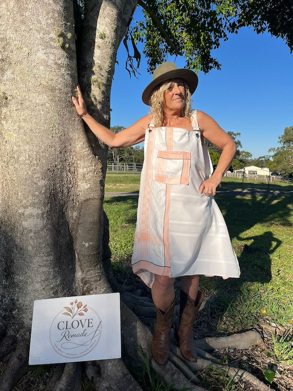Peach Apricot Upcycled Linen Pinafore Dress by Clove Remade Australia