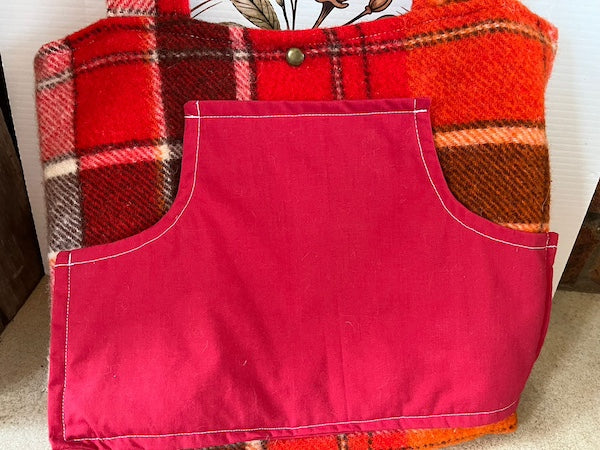 Red Chocolate Plaid Front Pocket Upcycled Wool Blanket Tote Bag Front Close Up