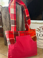 Red Chocolate Plaid Front Pocket Upcycled Wool Blanket Tote Bag Front Promo View