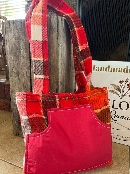 Red Chocolate Plaid Front Pocket Upcycled Wool Blanket Tote Bag Front Promo View