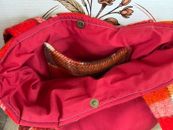 Red Chocolate Plaid Front Pocket Upcycled Wool Blanket Tote Bag Inside Pocket View