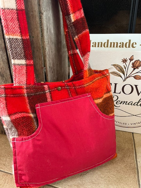 Red Chocolate Plaid Front Pocket Upcycled Wool Blanket Tote Bag Promo View