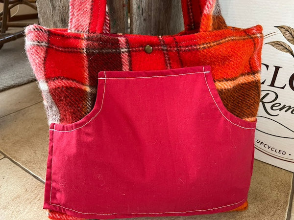 Red Chocolate Plaid Front Pocket Upcycled Wool Blanket Tote Bag Front View