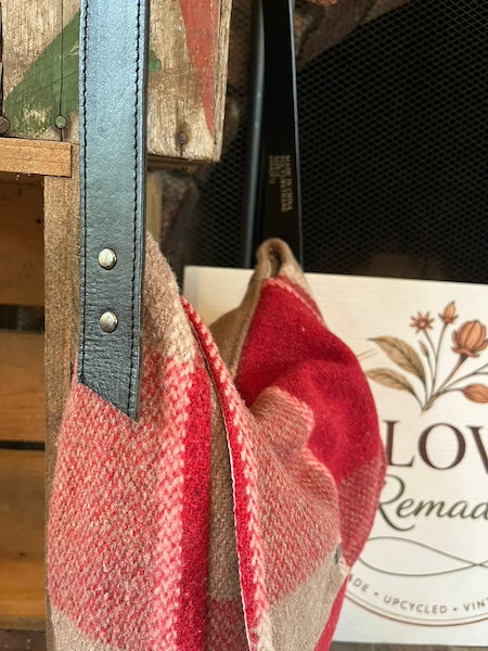 Red Tan Plaid Wool Blanket Messenger Bag Side View