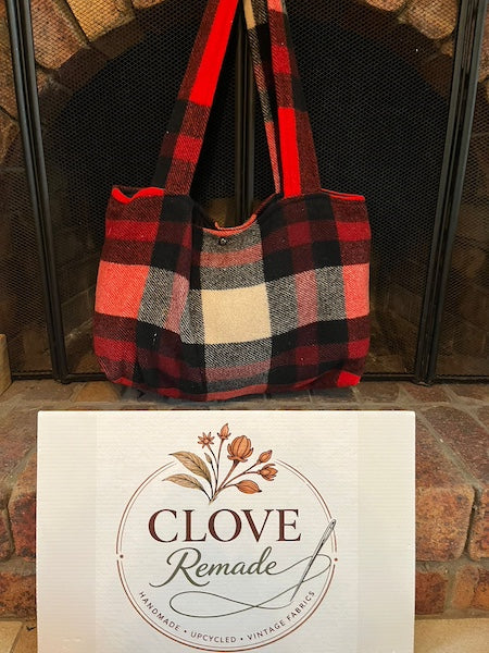 Clove-Remade Vintage Red Wool Blanket Tote Bag, upcycled, classic red black white plaid.