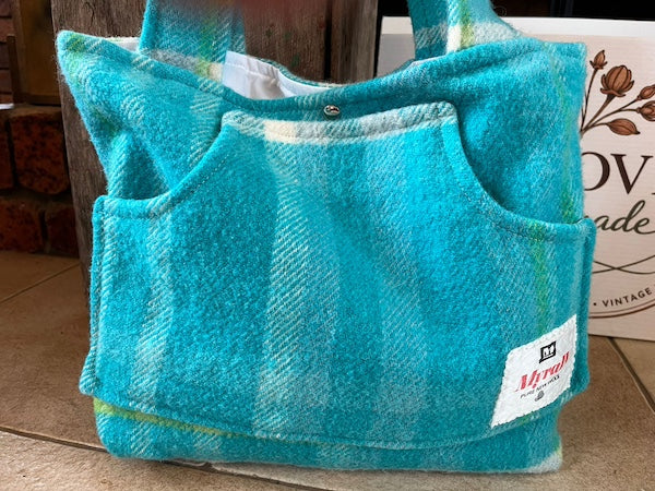 Turquoise Plaid Front Pocket Upcycled Wool Blanket Tote Bag Front Close Up