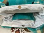Turquoise Plaid Front Pocket Upcycled Wool Blanket Tote Bag White Lining View