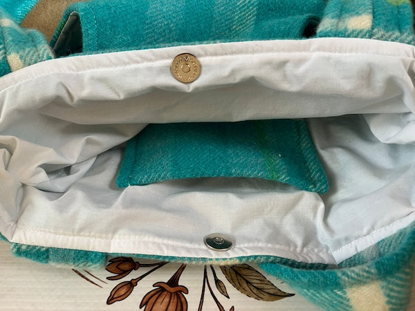 Turquoise Plaid Front Pocket Upcycled Wool Blanket Tote Bag White Lining View