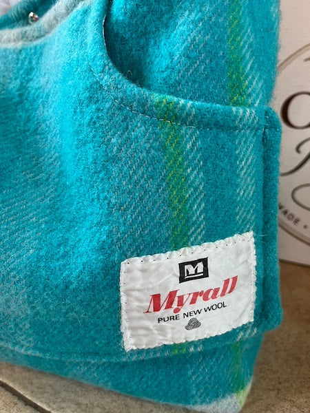 Turquoise Plaid Front Pocket Upcycled Wool Blanket Tote Bag Vintage Label Feature