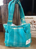 Turquoise Plaid Front Pocket Upcycled Wool Blanket Tote Bag Front View