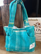 Turquoise Plaid Front Pocket Upcycled Wool Blanket Tote Bag Front View