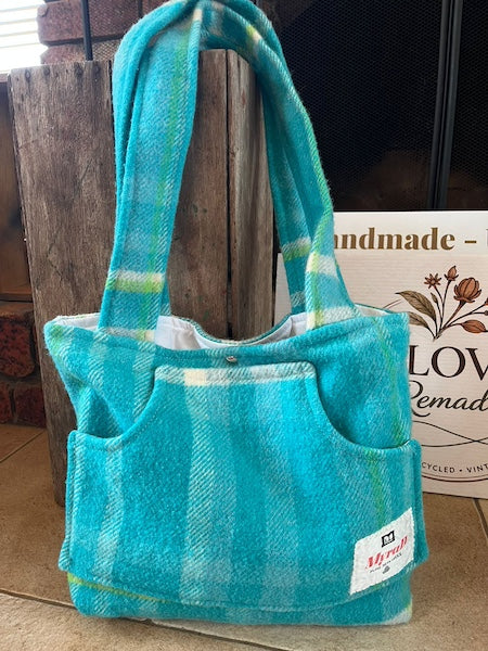Turquoise Plaid Front Pocket Upcycled Wool Blanket Tote Bag Front View