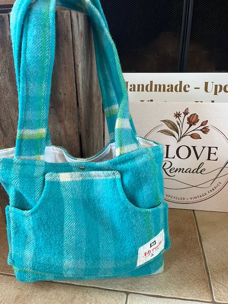 Turquoise Plaid Front Pocket Upcycled Wool Blanket Tote Bag Promo View