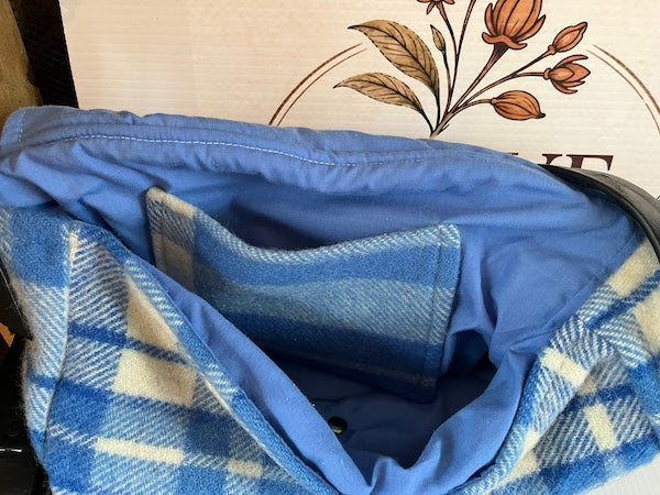 Blue Plaid Vintage Wool Messenger Bag Inside View with Pocket