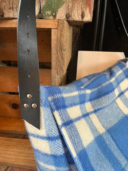 Large Blue Plaid Wool Blanket Messenger Bag side view Clove-Remade