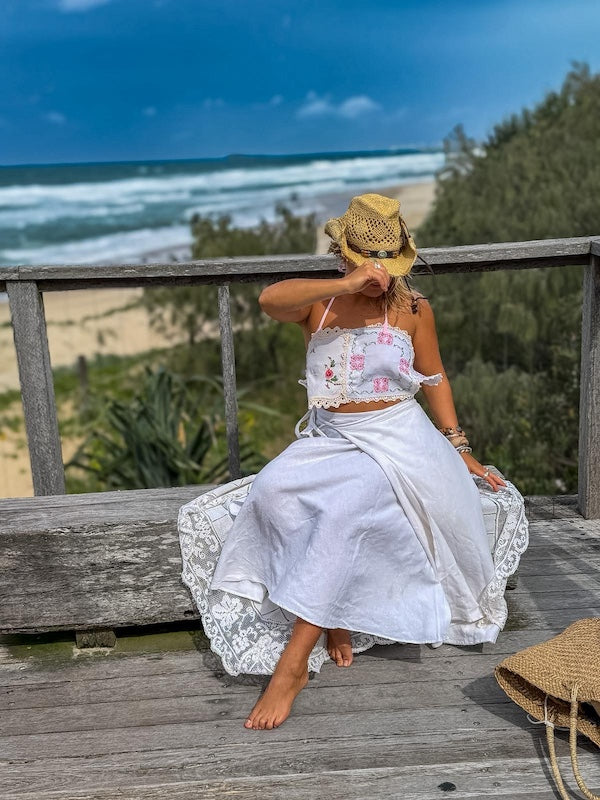 Whimsical Embroidered Doily Halter Neck Top. Up to Size 14.