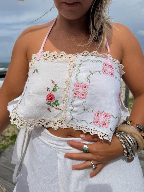 Whimsical Embroidered Doily Halter Neck Top. Up to Size 14.