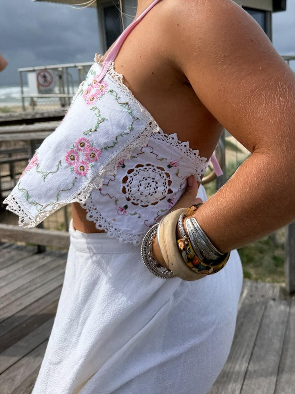 Whimsical Embroidered Doily Halter Neck Top. Up to Size 14.