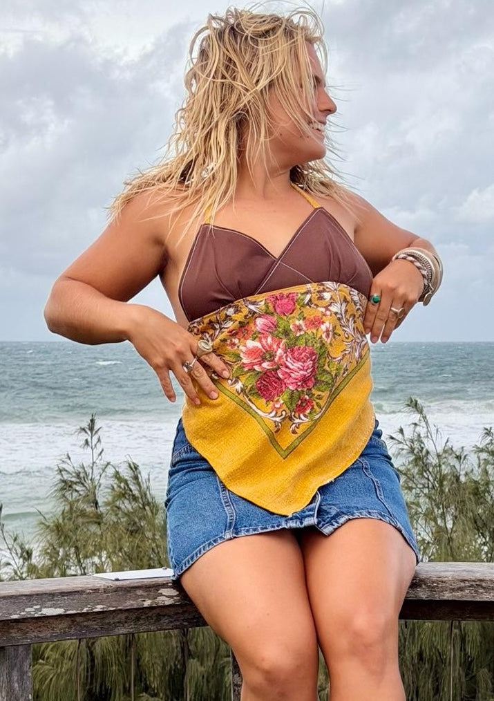 Vintage Floral Tablecloth Halter Neck Top. Up to Size 10.