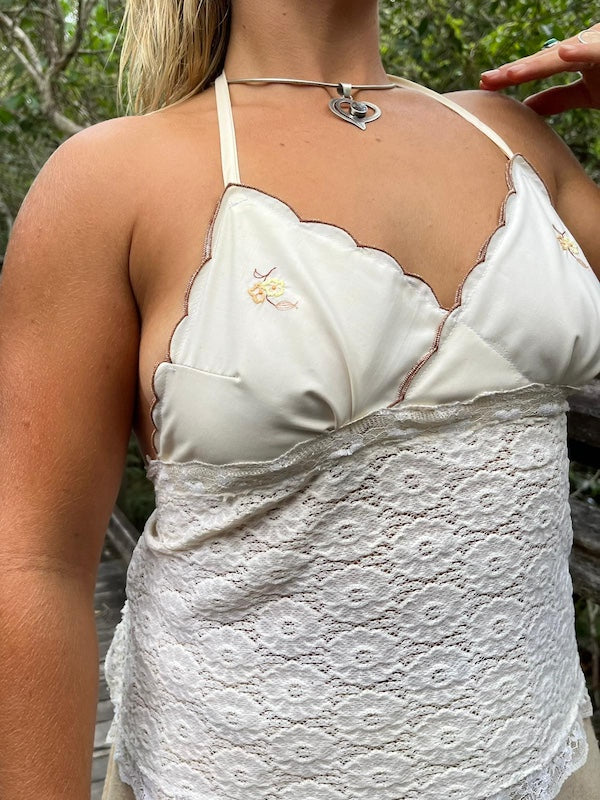 Halter Neck Top - Coastal Boho Cream Lace & Vintage Embroidery. Up to Size 14.