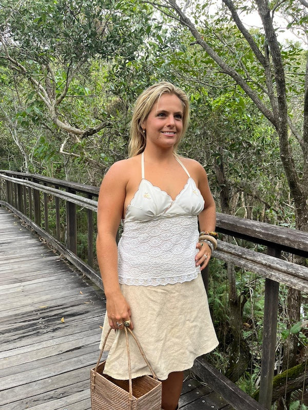 Halter Neck Top - Coastal Boho Cream Lace & Vintage Embroidery. Up to Size 14.