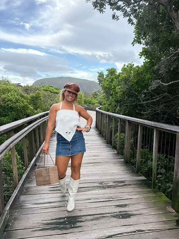 Halter Neck Top - White Embroidered Linen V Front. Up to Size 14.