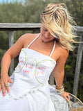 Halter Neck Top - Crisp White & Fuchsia Embroidered Linen. Up to Size 14.