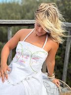 Halter Neck Top - Crisp White & Fuchsia Embroidered Linen. Up to Size 14.