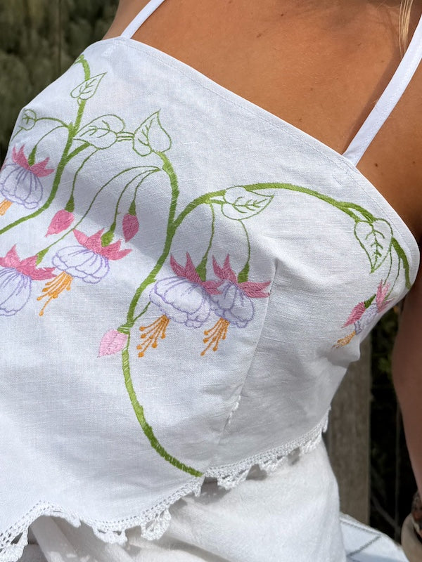 Halter Neck Top - Crisp White & Fuchsia Embroidered Linen. Up to Size 14.