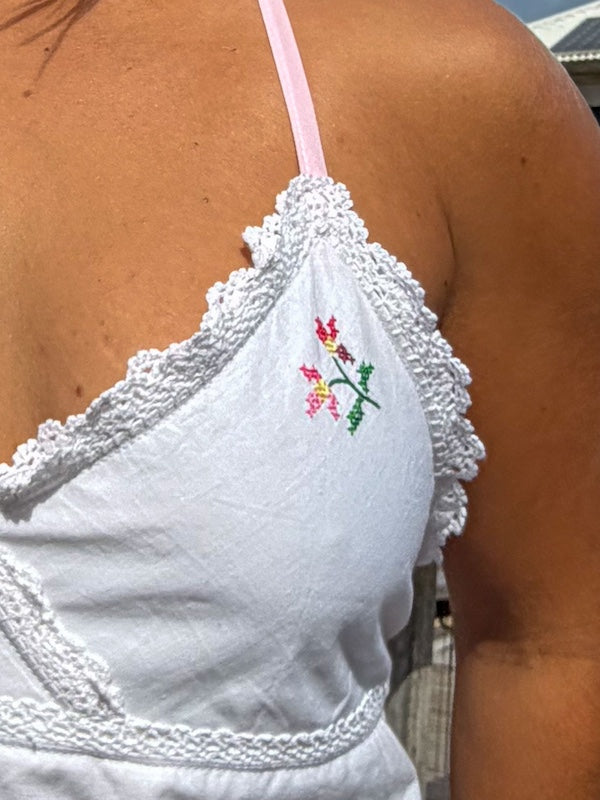 Halter Neck Top - Coastal Vintage Embroidered Linen. Up to Size 14.