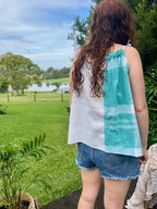 Shoulder Tie Top Upcycled Tablecoth - Teal & White. Up to Size 14.