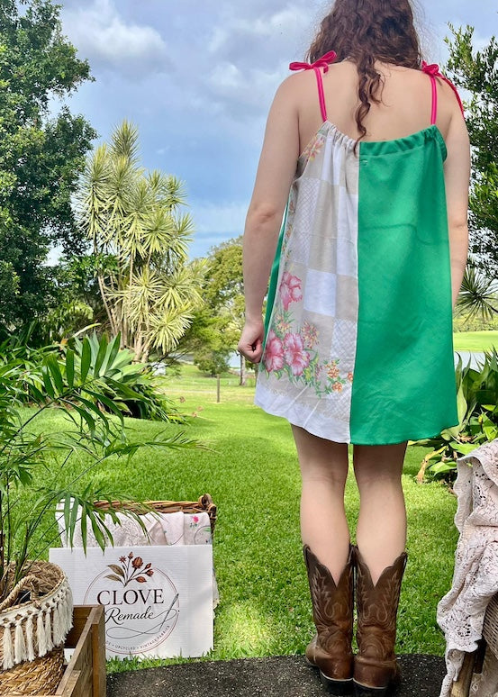 Mini Dress Green & Pink Floral Upcycled Tablecloth. Up to Size 14.