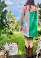 Mini Dress Green & Pink Floral Upcycled Tablecloth. Up to Size 14.