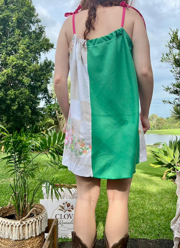 Mini Dress Green & Pink Floral Upcycled Tablecloth. Up to Size 14.