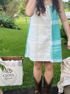 Mini Dress Fresh Green & White Stripe Upcycled Tablecloth. Up to Size 14.