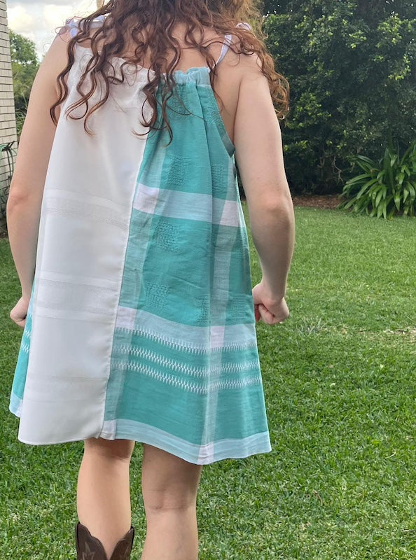 Mini Dress Fresh Green & White Stripe Upcycled Tablecloth. Up to Size 14.