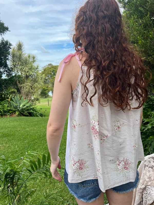 Shoulder Tie Top Cool Summer Floral - Cream, White, Pink. Up to Size 14.