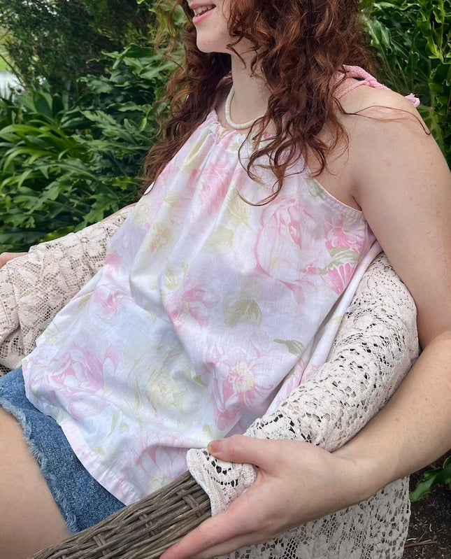 Shoulder Tie Top Vintage Cotton Floral - White and Pink. Up to Size 14.
