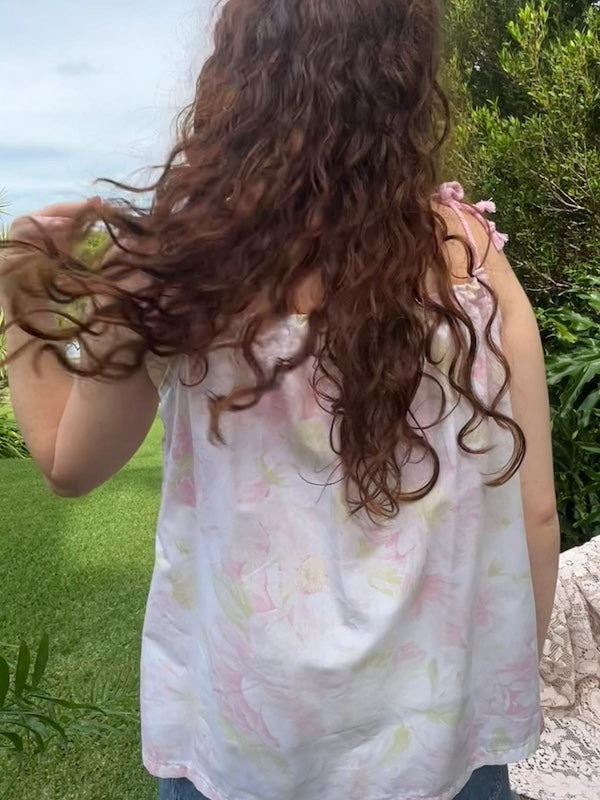 Shoulder Tie Top Vintage Cotton Floral - White and Pink. Up to Size 14.