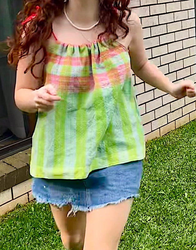 Shoulder Tie Top - Vibrant Green and Red Check. Up to Size 14.
