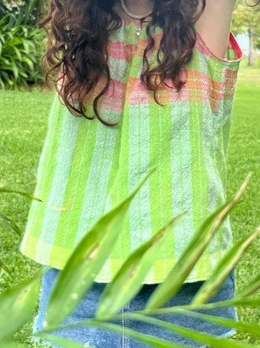 Shoulder Tie Top - Vibrant Green and Red Check. Up to Size 14.
