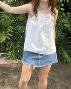 Shoulder Tie Top Vintage Cotton Floral - White and Yellow. Up to Size 14.