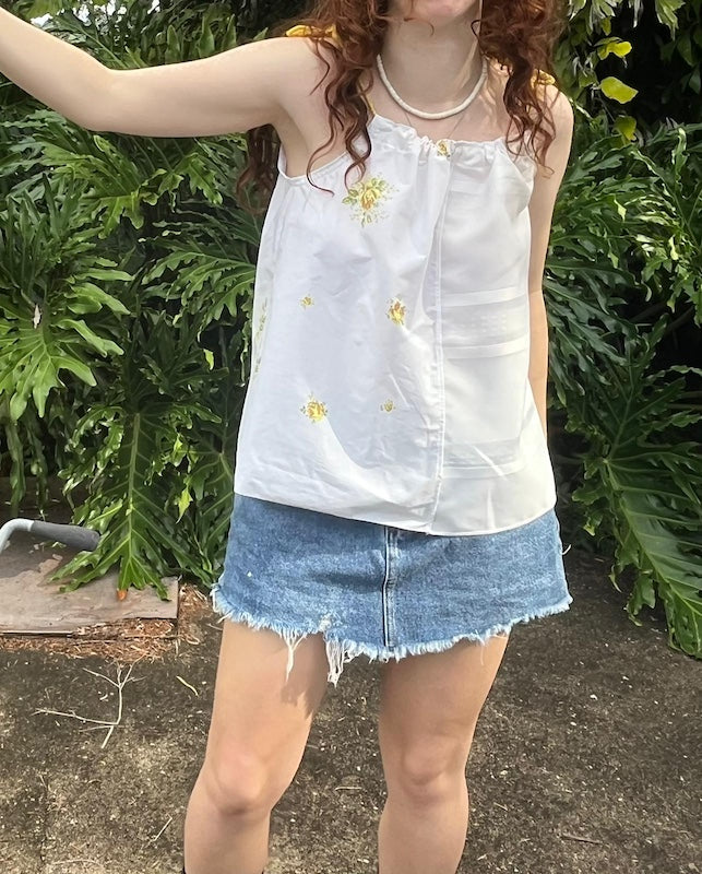 Shoulder Tie Top Vintage Cotton Floral - White and Yellow. Up to Size 14.