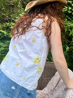 Shoulder Tie Top Vintage Cotton Floral - White and Yellow. Up to Size 14.